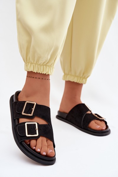 Women's Faux Suede Slippers With Gold Buckles Black Selissea