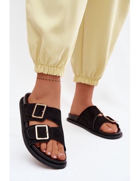 Women's Faux Suede Slippers With Gold Buckles Black Selissea