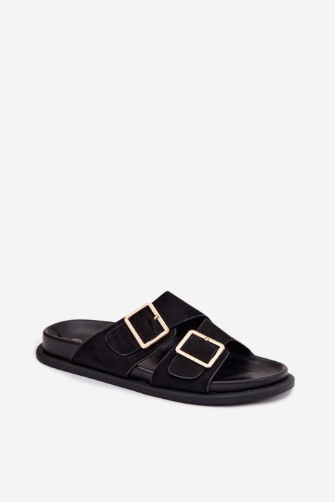 Women's Faux Suede Slippers With Gold Buckles Black Selissea