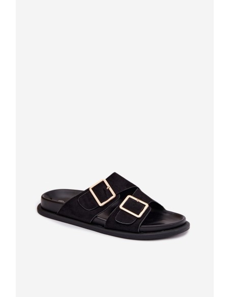 Women's Faux Suede Slippers With Gold Buckles Black Selissea