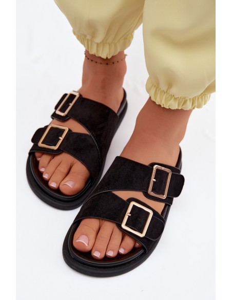 Women's Faux Suede Slippers With Gold Buckles Black Selissea