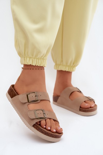 Leather Suede Women's Slides With Buckles Dark Beige Rosaliae