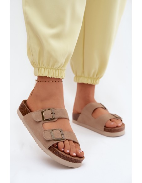 Leather Suede Women's Slides With Buckles Dark Beige Rosaliae