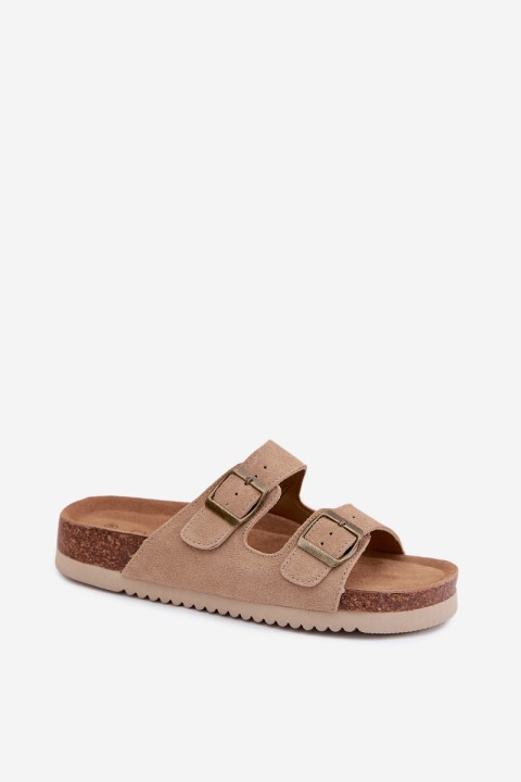 Leather Suede Women's Slides With Buckles Dark Beige Rosaliae