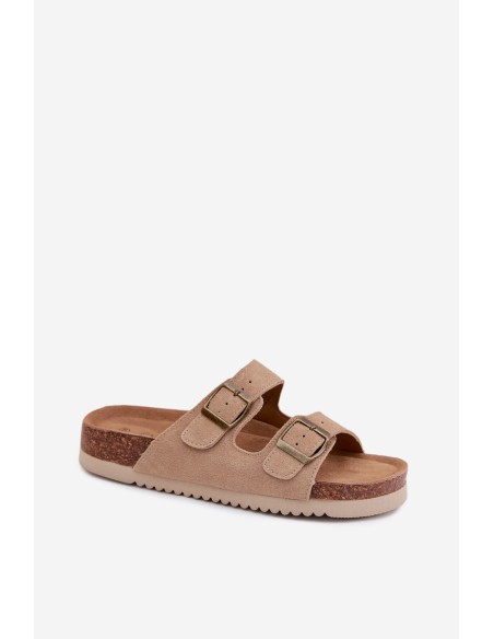 Leather Suede Women's Slides With Buckles Dark Beige Rosaliae