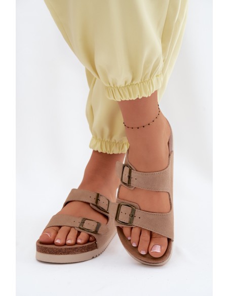 Leather Suede Women's Slides With Buckles Dark Beige Rosaliae