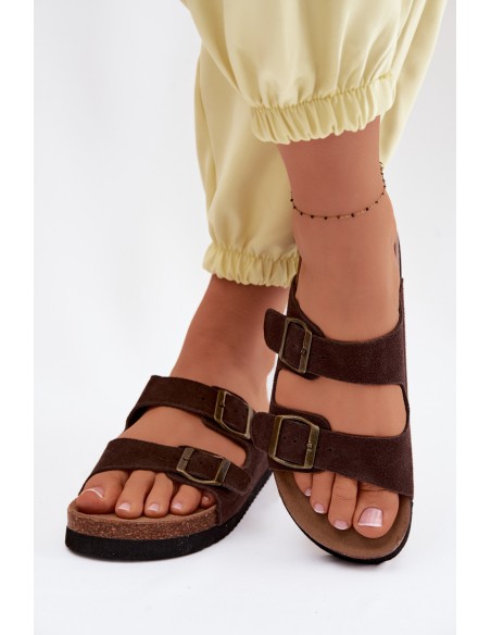 Leather Suede Women's Slides With Ribbons Chocolate Rosaliae