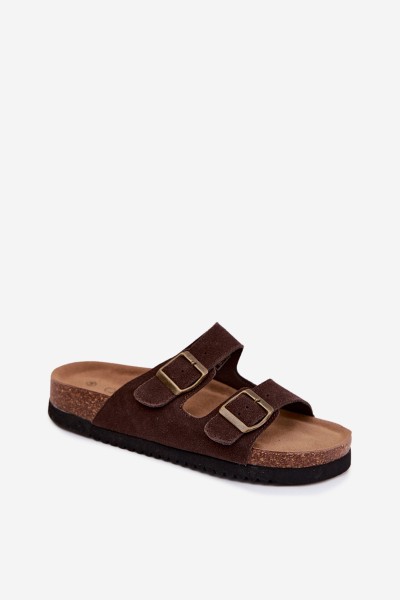 Leather Suede Women's Slides With Ribbons Chocolate Rosaliae 2