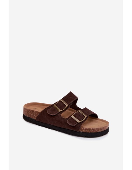 Leather Suede Women's Slides With Ribbons Chocolate Rosaliae