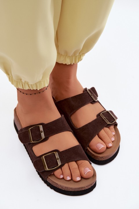 Leather Suede Women's Slides With Ribbons Chocolate Rosaliae