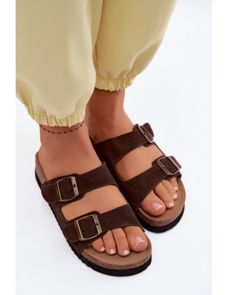 Leather Suede Women's Slides With Ribbons Chocolate Rosaliae