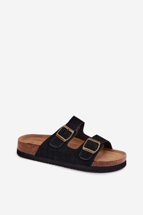 Leather Suede Women's Slides With Buckles Black Rosaliae