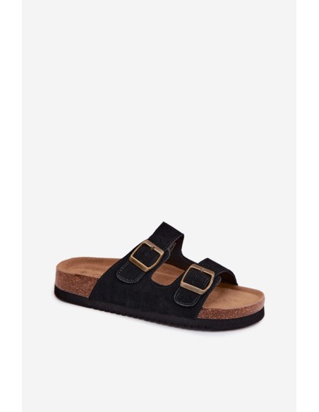 Leather Suede Women's Slides With Buckles Black Rosaliae