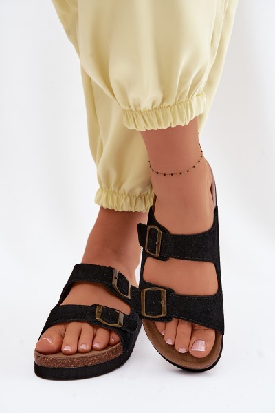 Leather Suede Women's Slides With Buckles Black Rosaliae 2