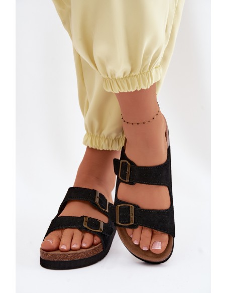 Leather Suede Women's Slides With Buckles Black Rosaliae
