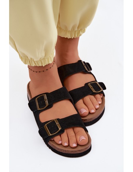 Leather Suede Women's Slides With Buckles Black Rosaliae