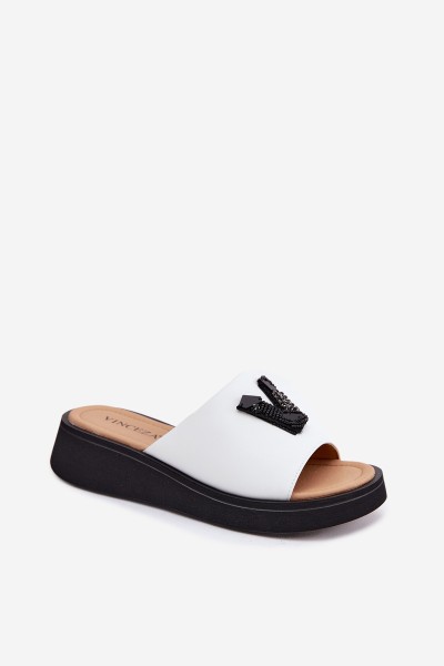 Leather Women's Slides With V Letter On Platform Vinceza 66950 White 2
