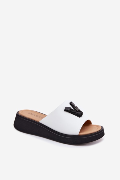 Leather Women's Slides With V Letter On Platform Vinceza 66950 White