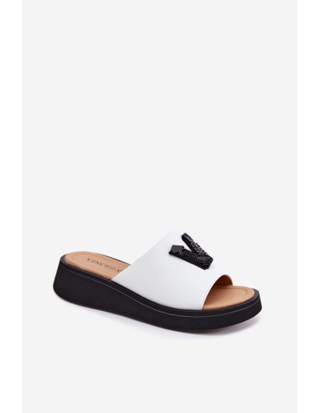 Leather Women's Slides With V Letter On Platform Vinceza 66950 White