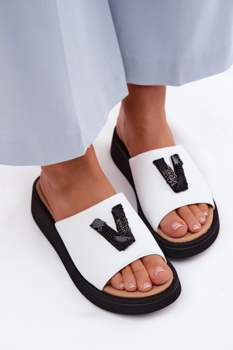 Leather Women's Slides With V Letter On Platform Vinceza 66950 White