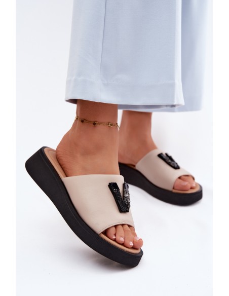 Leather Women's Slides With V Letter On Platform Vinceza 66950 Beige