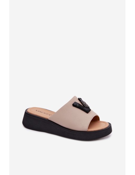 Leather Women's Slides With V Letter On Platform Vinceza 66950 Beige