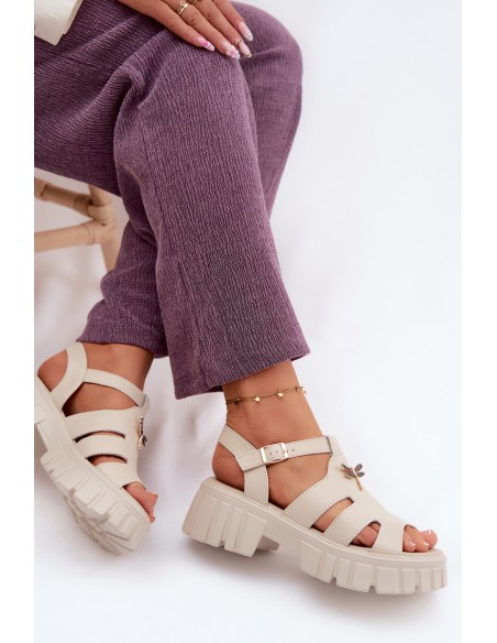 Leather Women's Platform Sandals With Butterfly Vinceza 79627 Beige