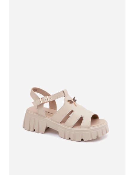 Leather Women's Platform Sandals With Butterfly Vinceza 79627 Beige