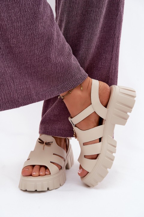 Leather Women's Platform Sandals With Butterfly Vinceza 79627 Beige