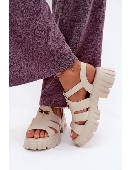 Leather Women's Platform Sandals With Butterfly Vinceza 79627 Beige