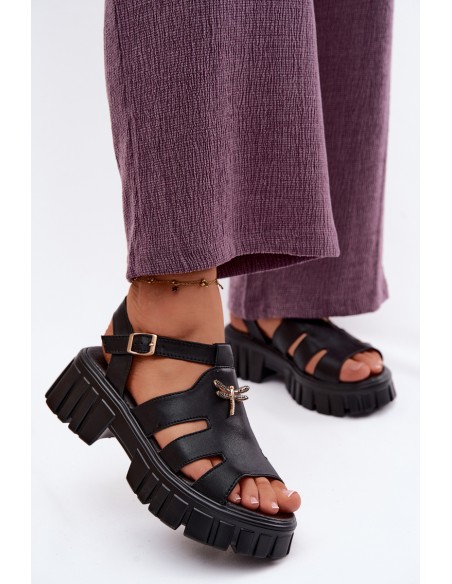 Leather Women's Platform Sandals With Dragonfly Vinceza 79627 Black