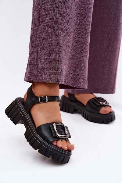 Leather Women's Platform Sandals With Buckle Vinceza 79611 Black