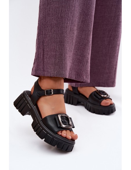 Leather Women's Platform Sandals With Buckle Vinceza 79611 Black