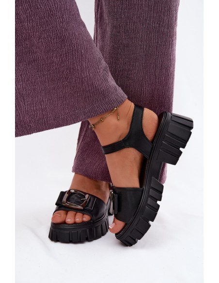 Leather Women's Platform Sandals With Buckle Vinceza 79611 Black