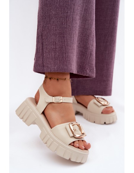 Leather Women's Platform Sandals with Buckle Vinceza Beige