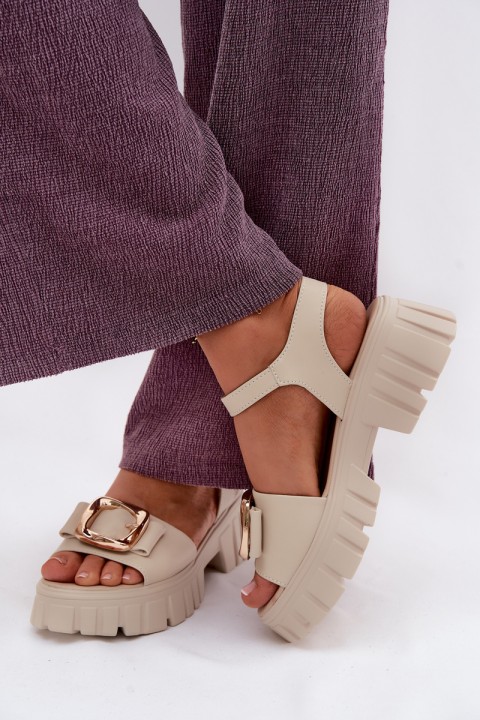 Leather Women's Platform Sandals with Buckle Vinceza Beige