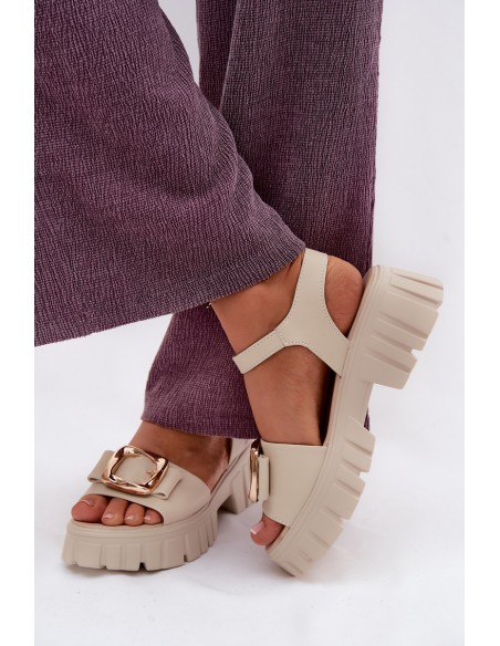 Leather Women's Platform Sandals with Buckle Vinceza Beige