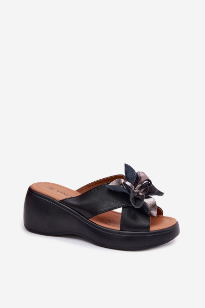 Leather Wedges With Decorative Flower Vinceza 41511 Black 2