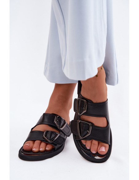 Leather Women's Slides With Buckles Vinceza 62304 Black