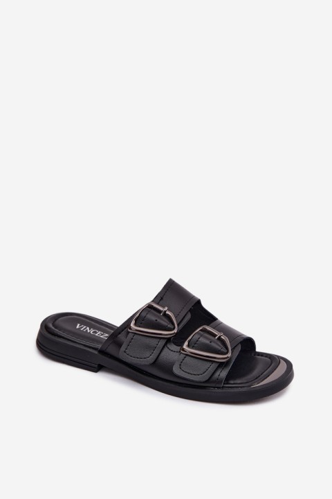 Leather Women's Slides With Buckles Vinceza 62304 Black