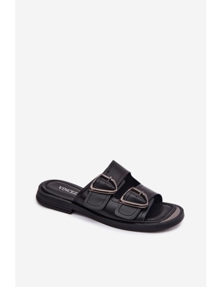 Leather Women's Slides With Buckles Vinceza 62304 Black