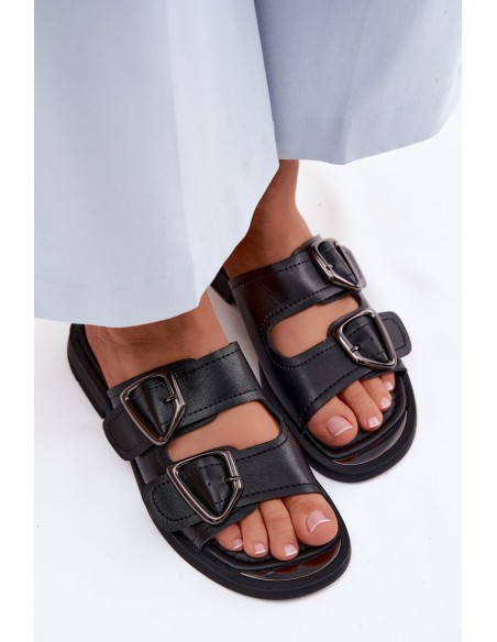 Leather Women's Slides With Buckles Vinceza 62304 Black