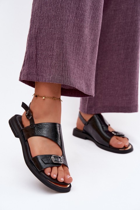 Leather Women's Flat Heel Sandals Vinceza 86434 Black