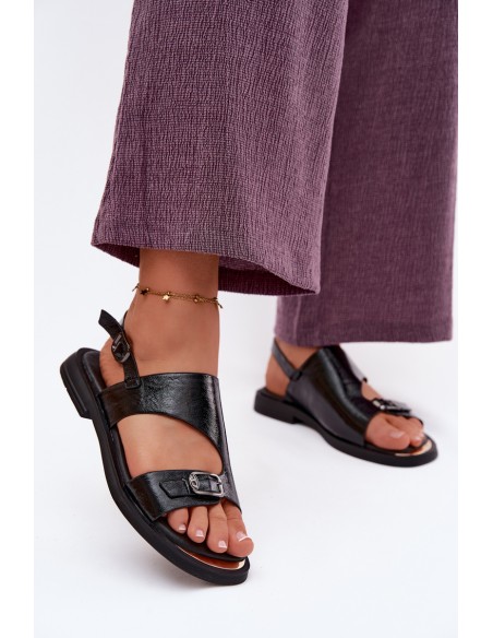 Leather Women's Flat Heel Sandals Vinceza 86434 Black