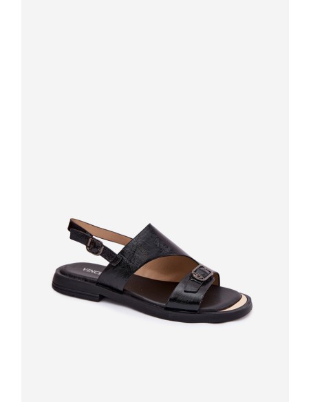 Leather Women's Flat Heel Sandals Vinceza 86434 Black