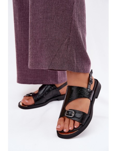 Leather Women's Flat Heel Sandals Vinceza 86434 Black