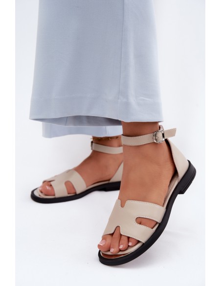 Women's Leather Sandals Flat Heel Vinceza 62305 Beige