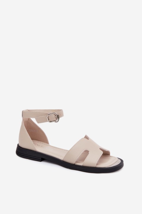 Women's Leather Sandals Flat Heel Vinceza 62305 Beige