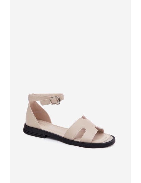 Women's Leather Sandals Flat Heel Vinceza 62305 Beige