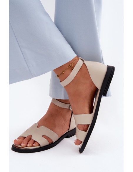 Women's Leather Sandals Flat Heel Vinceza 62305 Beige